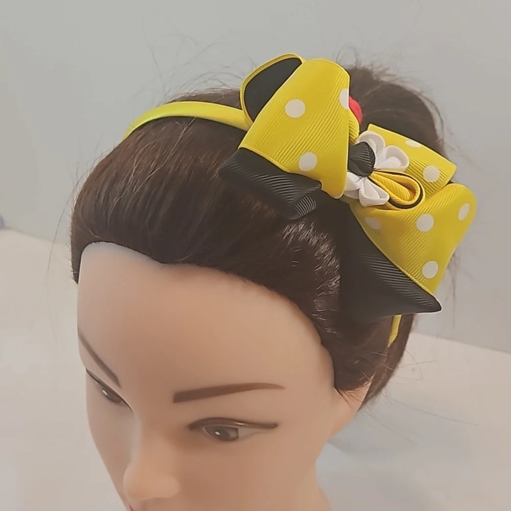 Hand Crafted Handmade Bow Hairband Yellow white polka-dot black contrast ribbon